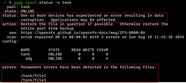 zpool status -v tank